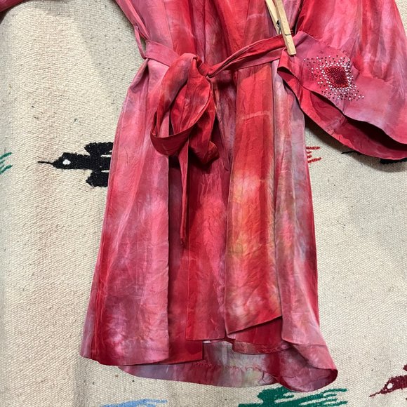 josie NATORI Robe + Slip Red Tye-Dye 100% Silk BEADED NWOT Small - Boho Couture - Picture 7 of 15